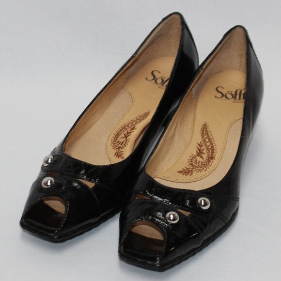 Sofft Simone Black Patent Open Toe Heels - Picture 1 of 15